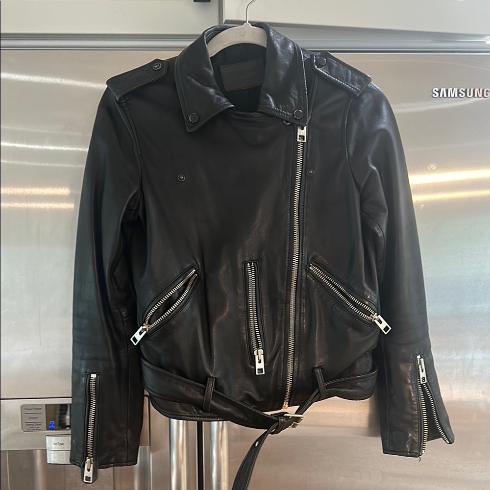 All Saints Balfern Black Leather Moto Jacket Asymmetrical Zipper size 6 $619
